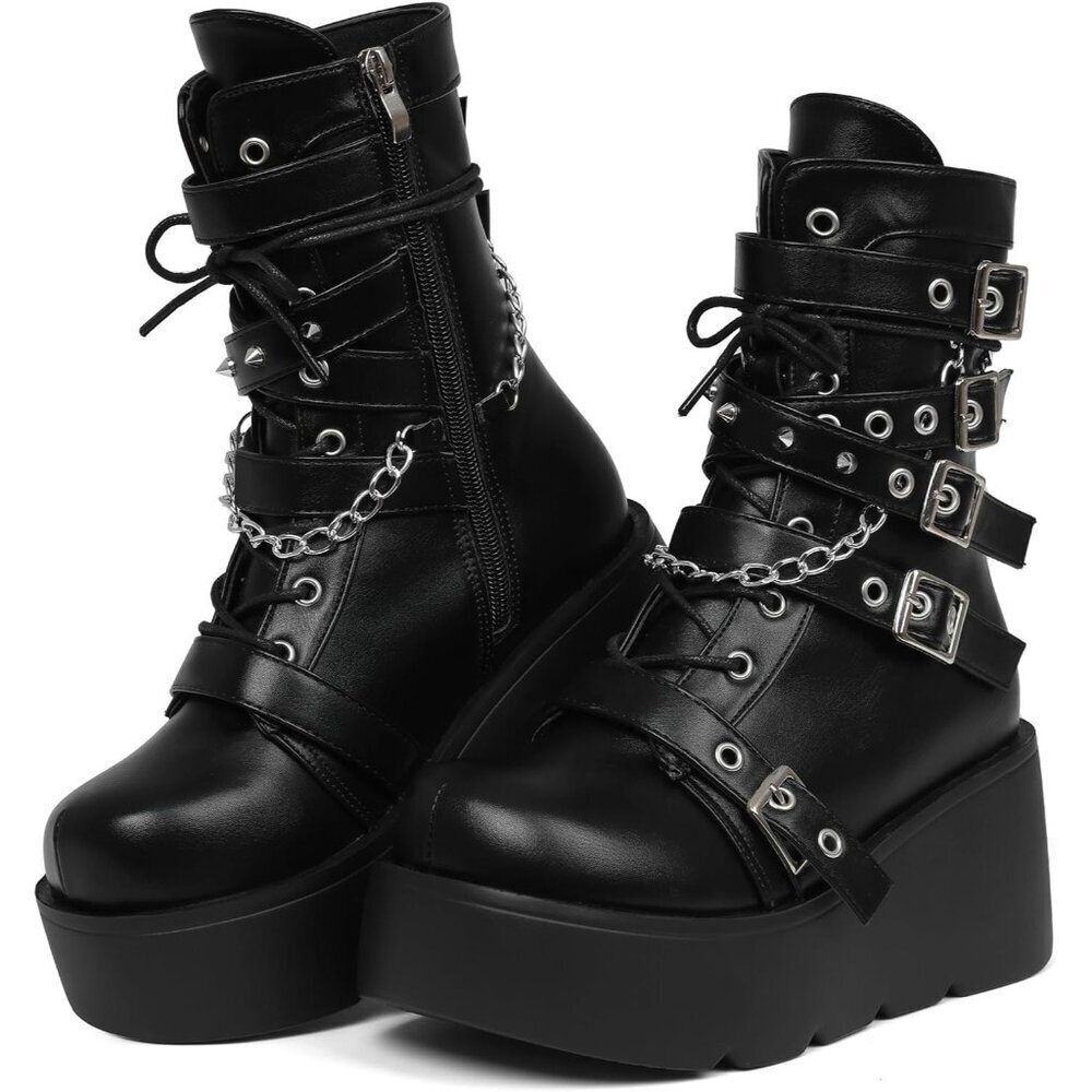 Women Polyurethane Wedge Round Toe Buckle Leather Platform Side Zip Ankle Boot